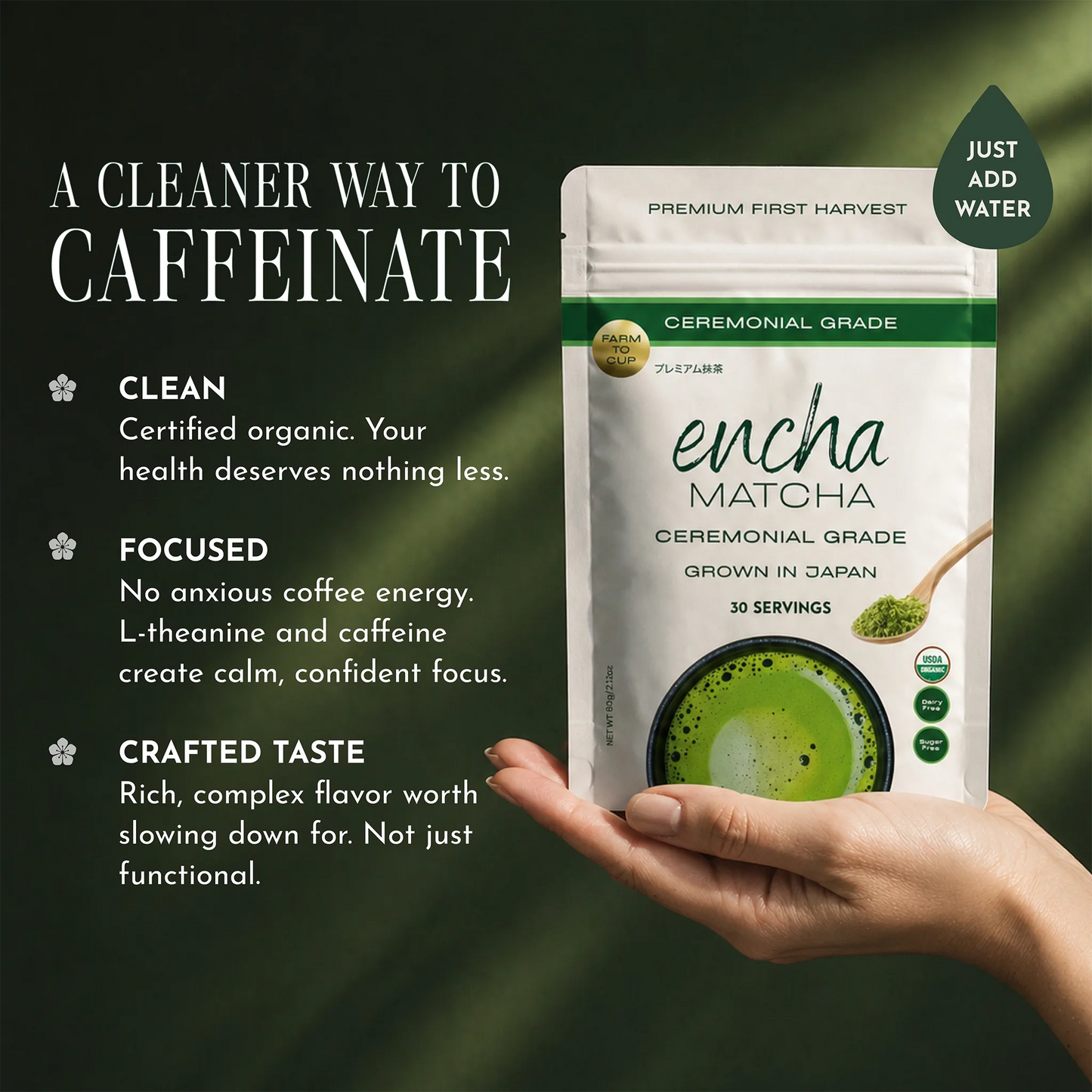 Encha Matcha package held by a hand with promotional text on a dark background _30g (1.06oz) 15 cups _60g (2.12oz) 30 cups _500g (1.1lb) 250 cups