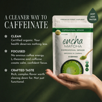 Encha Matcha package held by a hand with promotional text on a dark background _30g (1.06oz) 15 cups _60g (2.12oz) 30 cups _500g (1.1lb) 250 cups