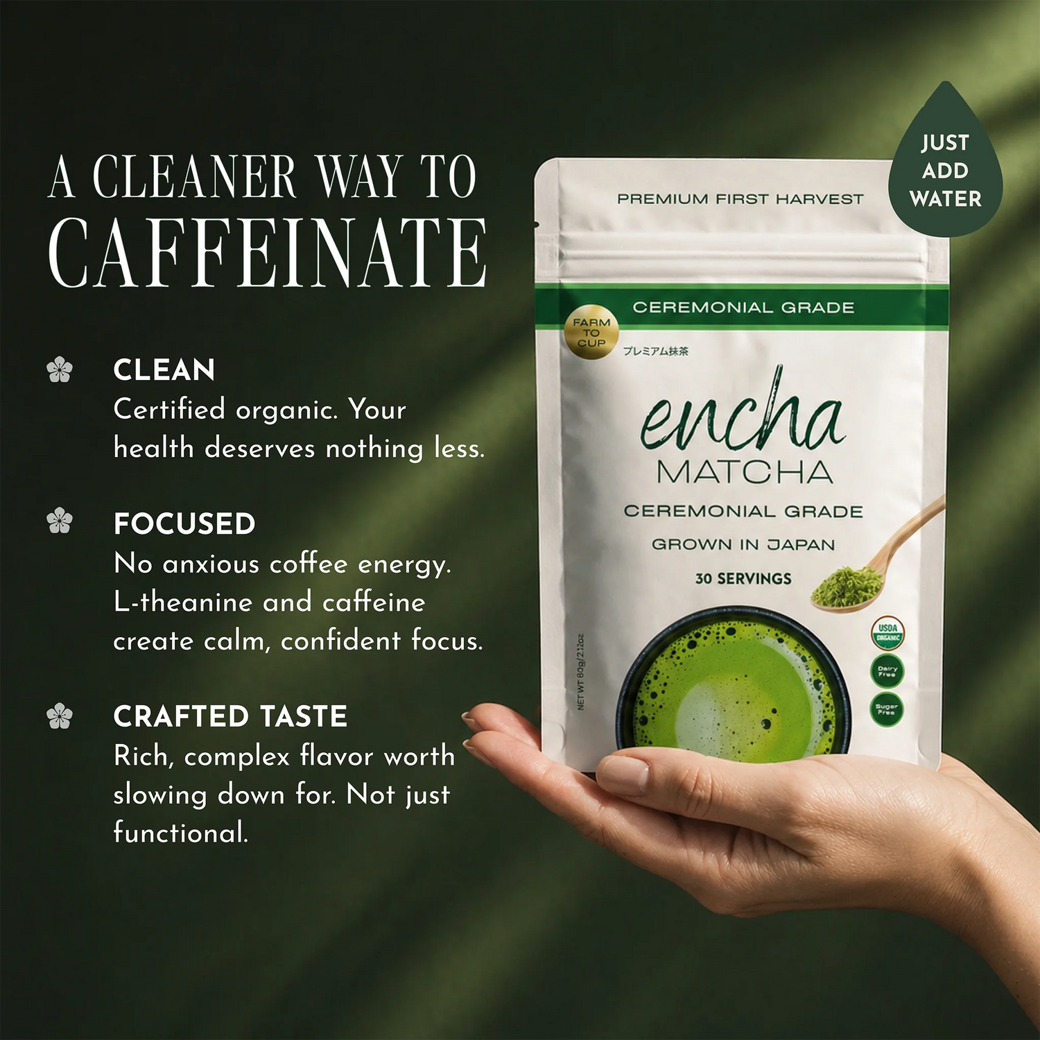 Encha Matcha package held by a hand with promotional text on a dark background _30g (1.06oz) 15 cups _60g (2.12oz) 30 cups _500g (1.1lb) 250 cups