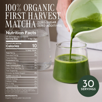 Green matcha being poured into a glass with nutrition facts displayed. _60g (2.12oz) 30 cups _Single serve sticks 30 pack