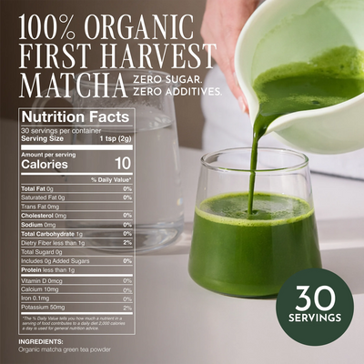 Green matcha being poured into a glass with nutrition facts displayed. _60g (2.12oz) 30 cups _Single serve sticks 30 pack