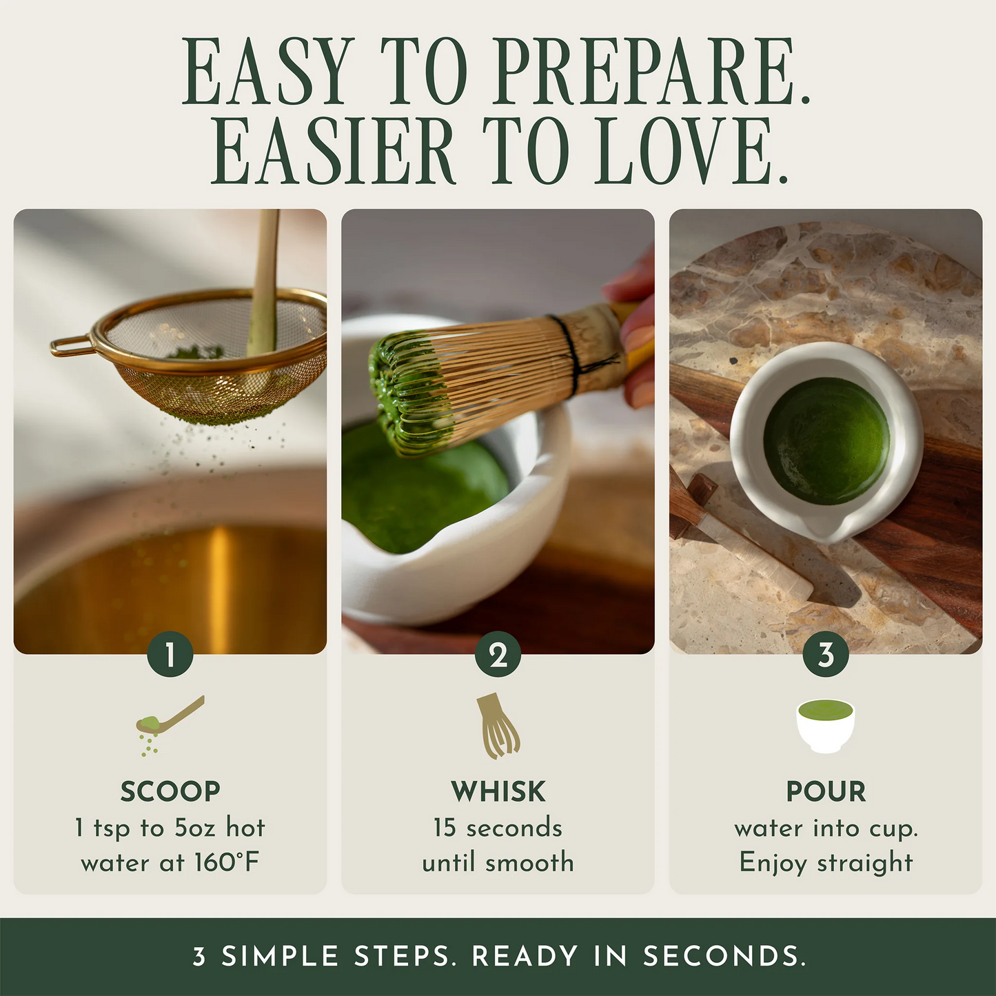 An instructional graphic with three steps for preparing matcha green tea: scoop hot water into a strainer, whisk the green powder until smooth, and pour the matcha into a small cup. The text reads 'EASY TO PREPARE.