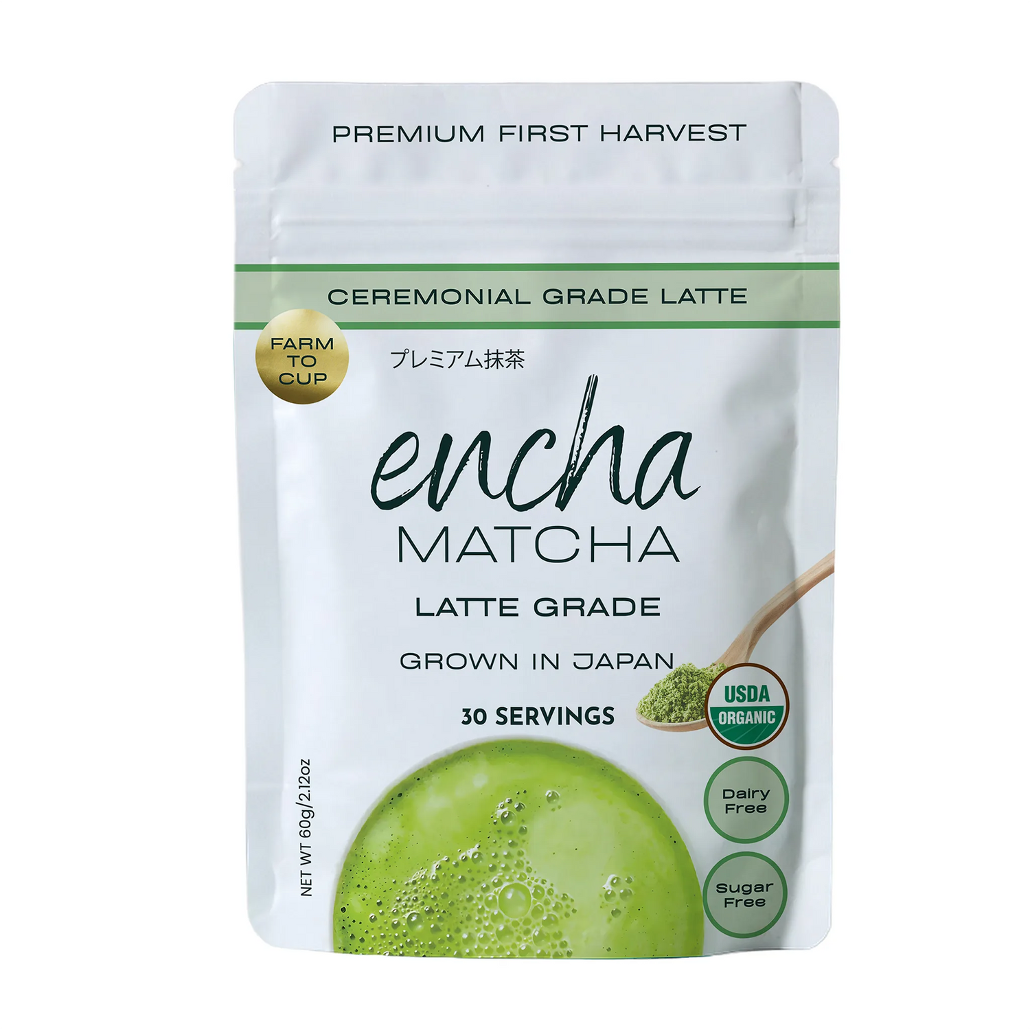 A stand-up pouch of Encha Matcha Latte Grade ceremonial matcha powder, featuring a white package with green accents, a green matcha cup illustration, and USDA Organic certification badges.  _60g (2.12oz) 30 cups