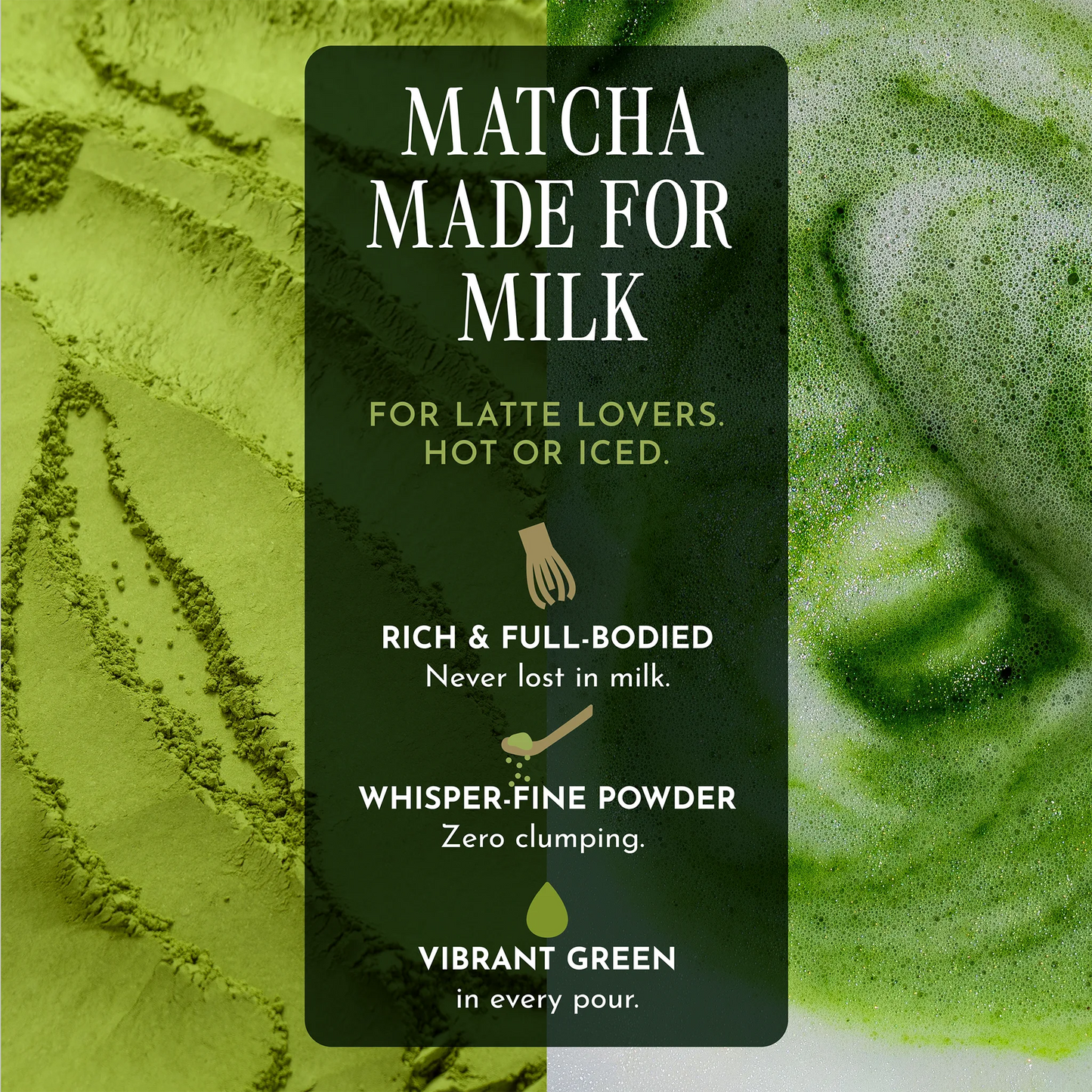A promotional graphic for matcha powder with a dark central text panel reading 'MATCHA MADE FOR MILK' and supporting copy, set against a close-up green matcha texture background.