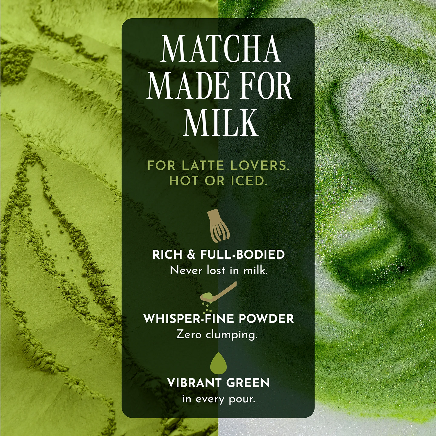 A promotional graphic for matcha powder with a dark central text panel reading 'MATCHA MADE FOR MILK' and supporting copy, set against a close-up green matcha texture background.