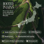 Promotional graphic for a Japanese green tea product, featuring an aerial map of the Japanese archipelago over a green tea plantation in Kagoshima. Text highlights 'Rooted in Japan' and lists benefits like 'Made from First Harvest Leaves', 'USDA Organic', 'Shade-grown', 'Hand-picked each spring', and '12 years of direct partnerships'.