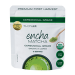 A stand-up pouch of Encha Matcha ceremonial grade matcha tea on a plain white background. The packaging is white with green accents, featuring a green matcha powder scoop illustration, a gold 'Farm to Cup' seal, and circular badges indicating USDA Organic, dairy free, and sugar free. _30g (1.06oz) 15 cups
