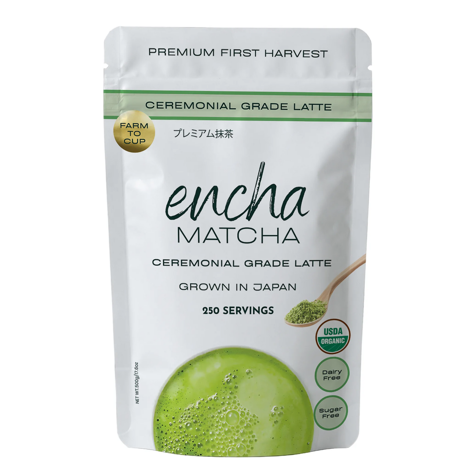 A stand-up pouch of Encha Matcha ceremonial grade latte, featuring a white package with green accents, a green matcha sphere graphic, and a small spoonful of green powder on a white background.  _500g (17.64oz) 250 cups
