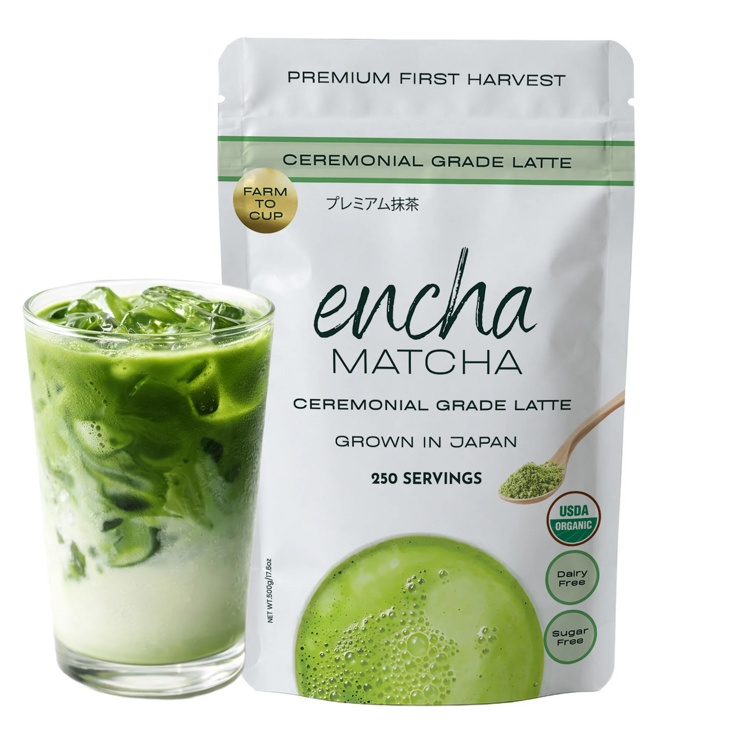 A pouch of Encha Matcha Ceremonial Grade Latte next to a glass filled with layered matcha iced latte and ice, on a white background.  _500g (17.64oz) 250 cups