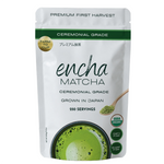 A stand-up pouch of Encha Matcha ceremonial grade matcha tea, featuring a white package with green accents, a gold 'Farm to Cup' seal, and a bowl of green matcha tea at the bottom. _500g (1.1lb) 250 cups