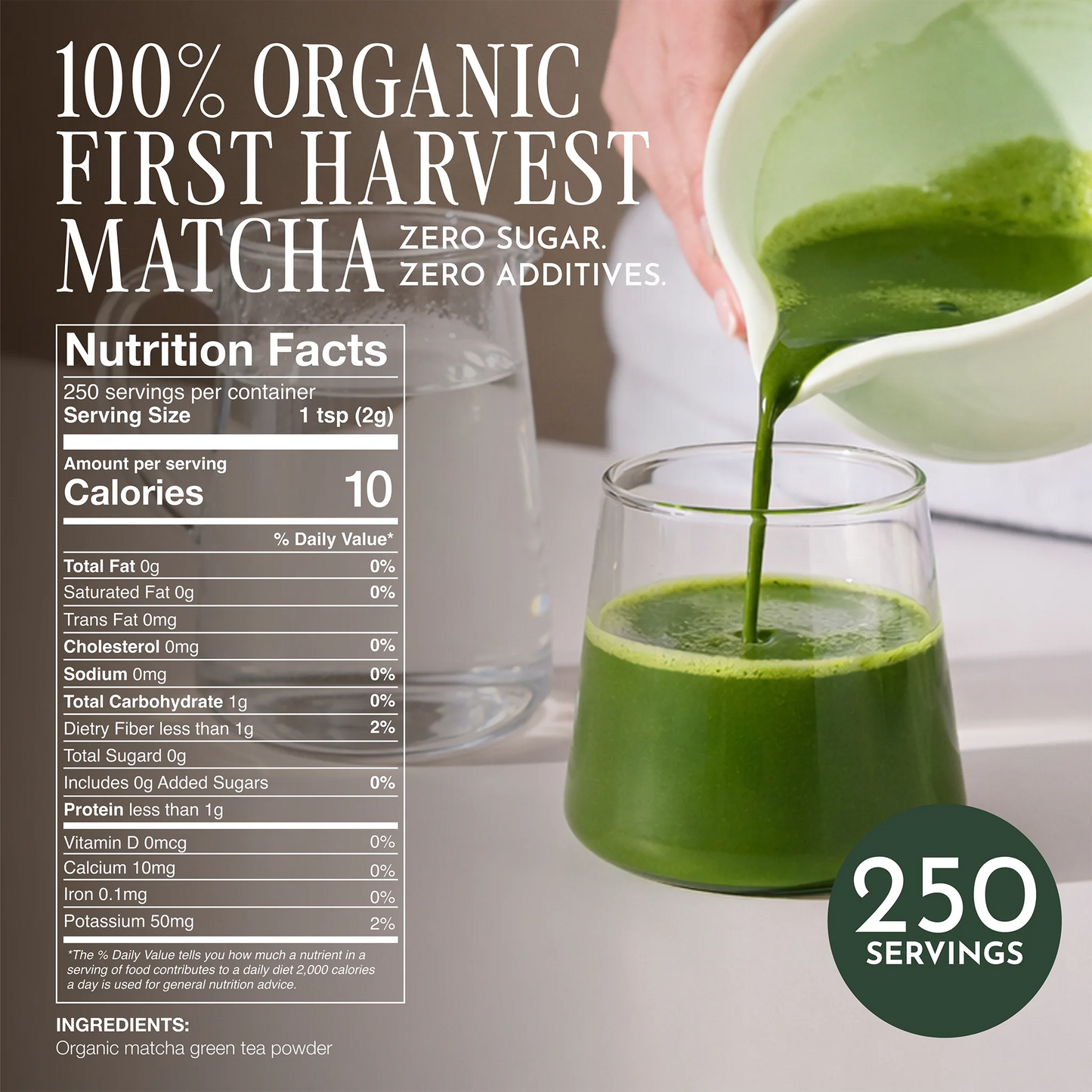 A glass of green matcha tea with a pitcher pouring more green tea into it, alongside a large nutrition facts label and text reading '100% Organic First Harvest Matcha Zero Sugar Zero Additives' and '250 Servings'. _500g (1.1lb) 250 cups
