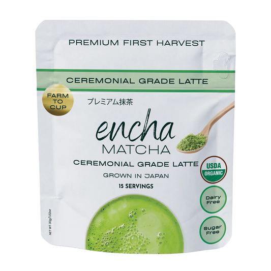 A stand-up pouch of Encha Matcha Ceremonial Grade Latte, featuring a white background with green accents, a wooden spoon graphic, and USDA Organic certification badges.  _30g (1.02oz) 15 cups