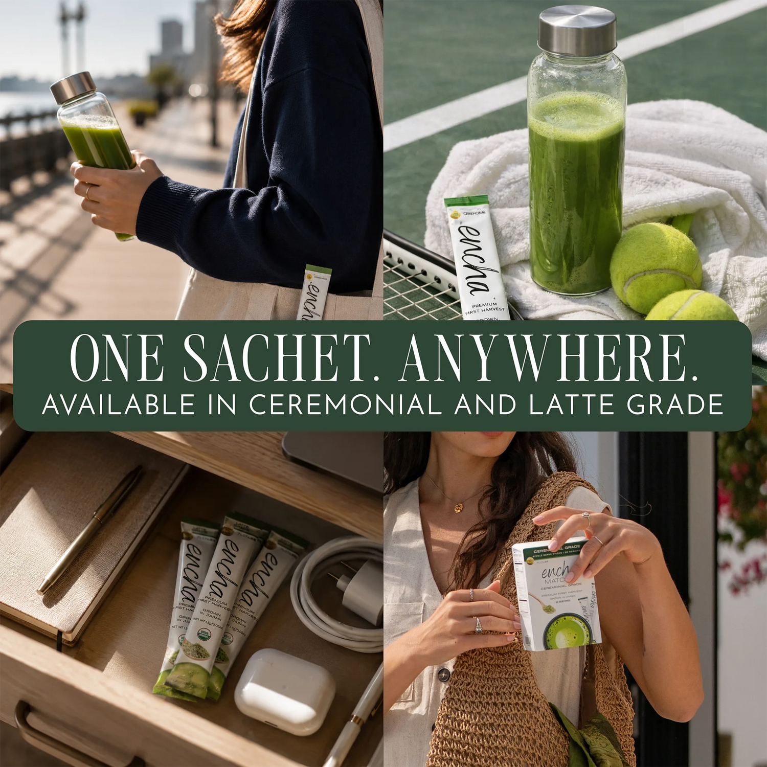 A promotional collage for Enova sachet packets, showing a woman holding a green drink in a glass bottle, a bottle on a tennis court with tennis balls, packets in a wooden drawer, and a woman holding a packet. Text across the center reads, 'ONE SACHET. _Single serve sticks 30 pack