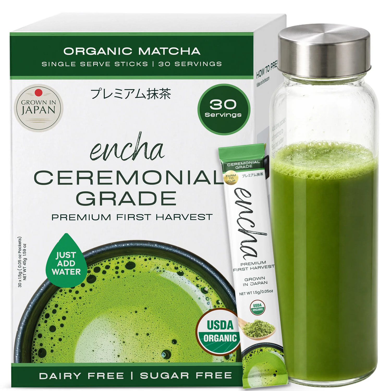 A box of Encha Ceremonial Grade organic matcha tea alongside a clear glass bottle filled with brewed green matcha and a single stick pack, on a white background. _Single serve sticks 30 pack