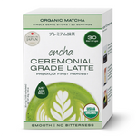 A box of Encha Ceremonial Grade Latte organic matcha tea single-serve sticks, featuring a white and light green design with a matcha latte graphic on the front. _Single serve sticks 30 pack
