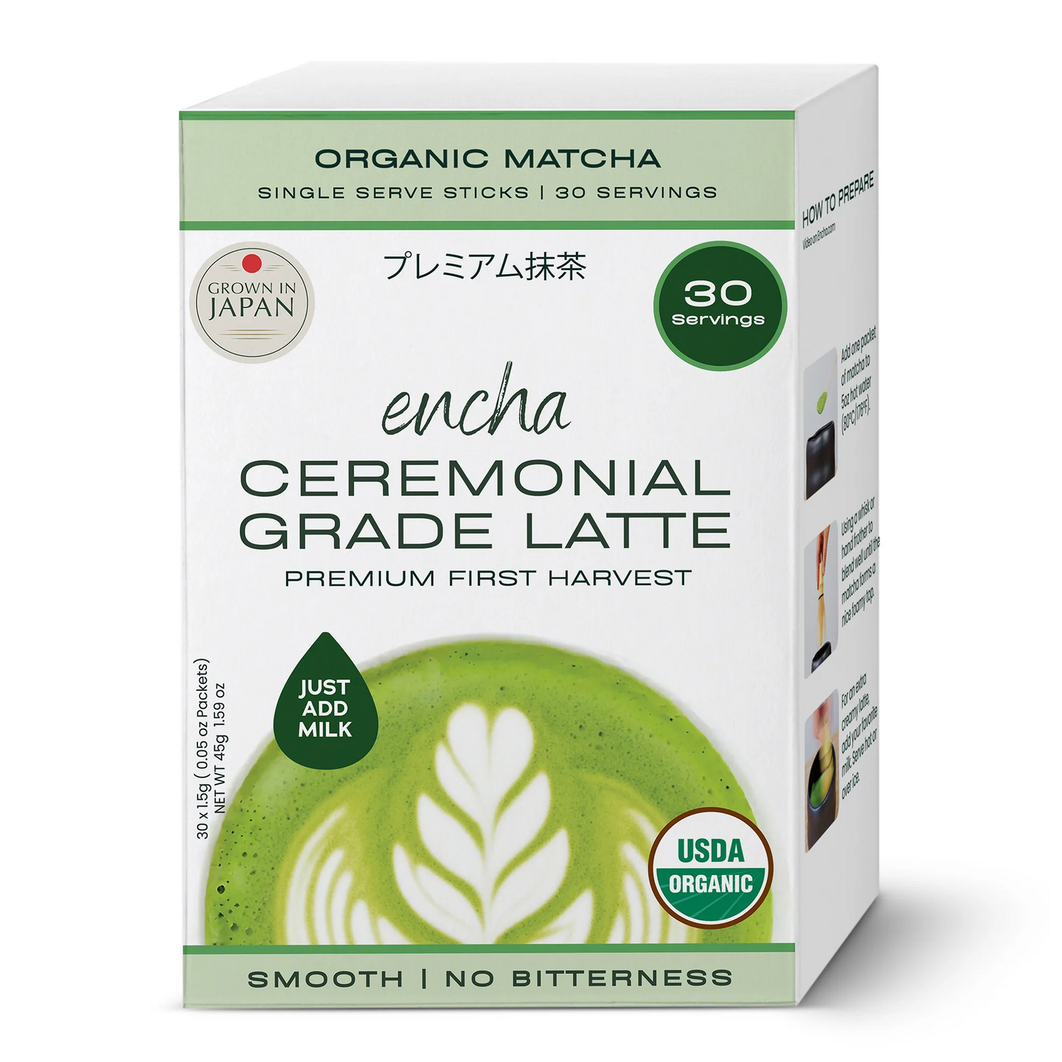 A box of Encha Ceremonial Grade Latte organic matcha tea single-serve sticks, featuring a white and light green design with a matcha latte graphic on the front. _Single serve sticks 30 pack