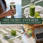 A four-panel collage showing a green herbal drink in various settings: held in a glass jar by a beach, on a tennis court with tennis balls, on a beach towel, and in a mug at a desk with a laptop. A dark green banner across the center reads, 'ONE SACHET. _Single serve sticks 30 pack