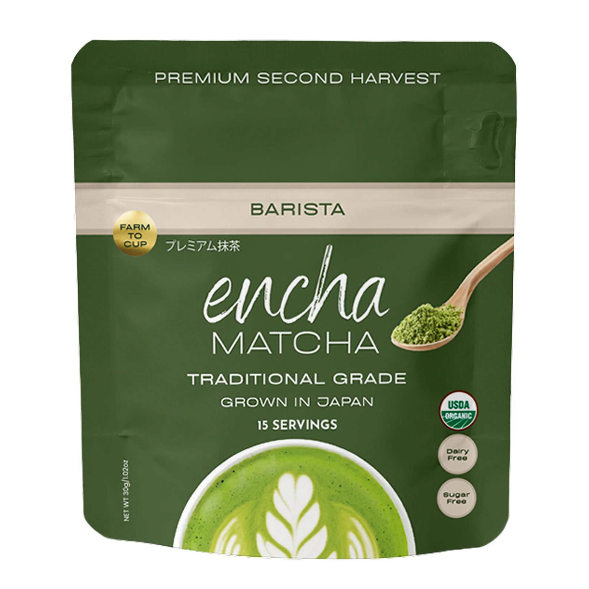 A stand-up pouch of Encha Matcha Traditional Grade matcha tea by Barista, featuring a dark green design with a spoonful of green matcha powder and a latte art illustration at the bottom. _30g (1.06 oz) 15 cups