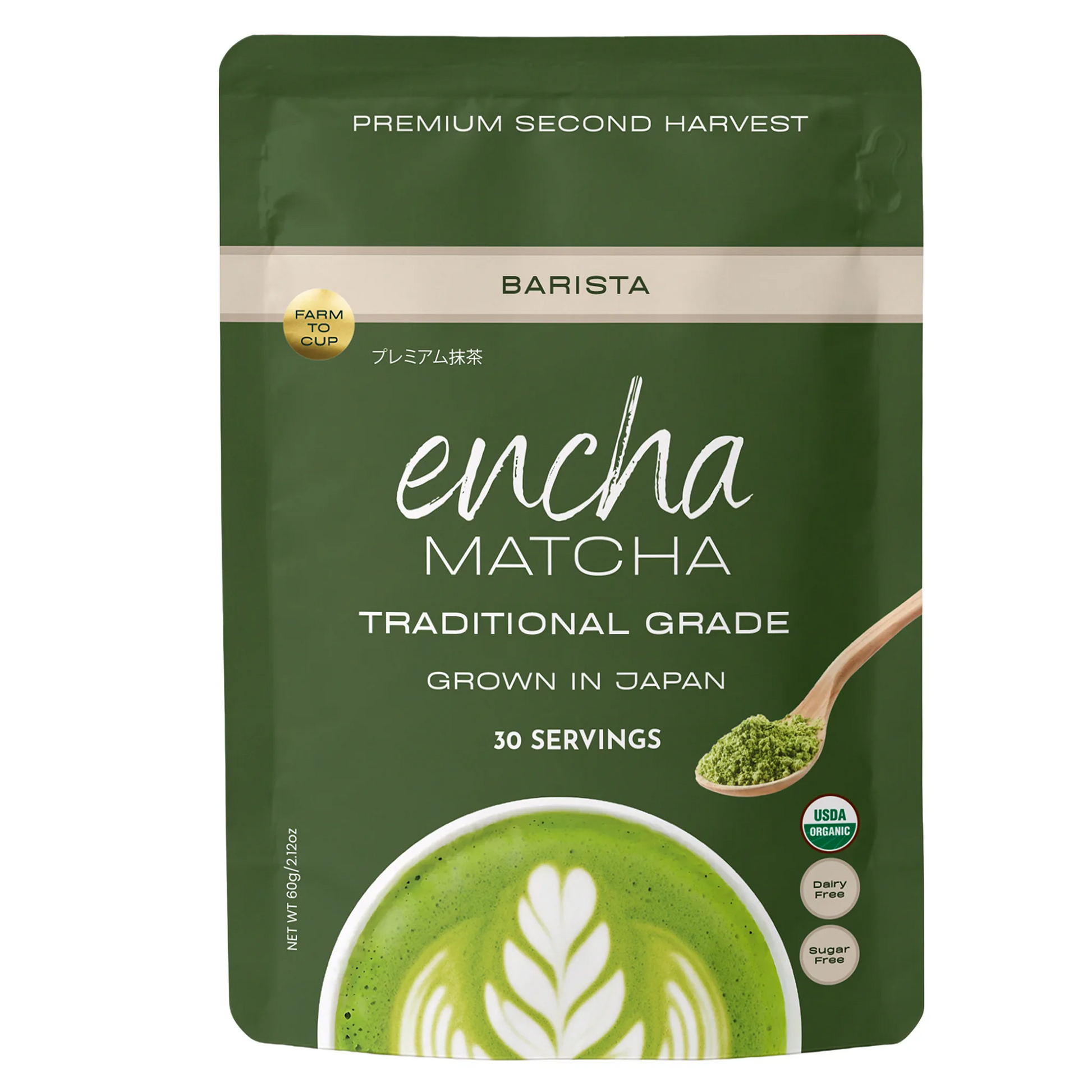 A green stand-up pouch of Encha Matcha Traditional Grade matcha tea, featuring a scoop of green matcha powder and a latte art illustration on the front. _60g (2.12 oz) 30 cups