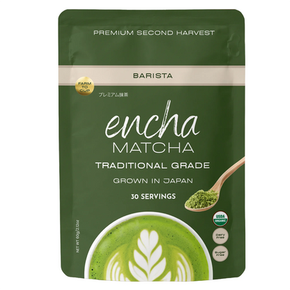 A green stand-up pouch of Encha Matcha Traditional Grade matcha tea, featuring a scoop of green matcha powder and a latte art illustration on the front. _60g (2.12 oz) 30 cups