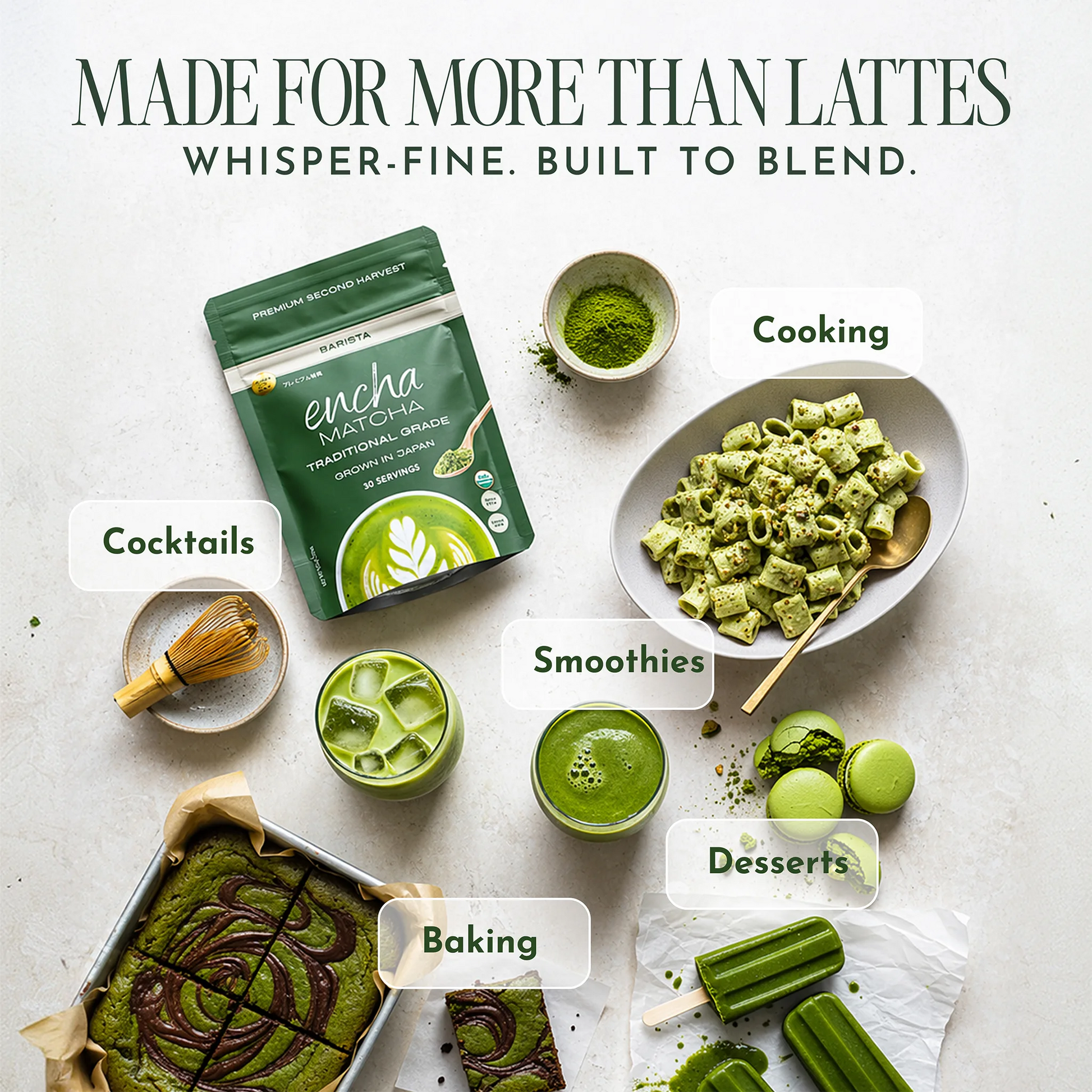 A matcha powder pouch labeled encha Master Blend is arranged on a light stone surface with labeled callouts pointing to uses: Cooking, Cocktails, Smoothies, Baking, and Desserts. Surrounding the pouch are bowls and plates of green matcha-based food, including pasta, lattes, macarons, and cake slices, with a whisk and green sticks.