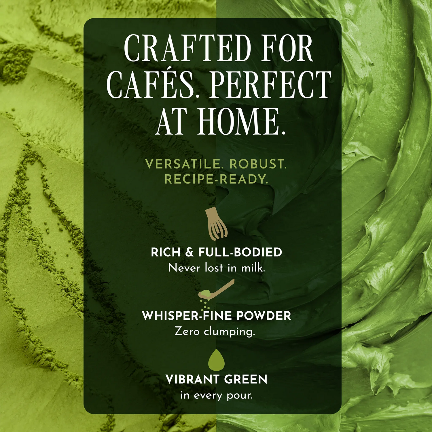 A green promotional graphic for a powdered coffee or tea mix. The center features a dark green rounded rectangle with white text reading 'CRAFTED FOR CAFÉS.