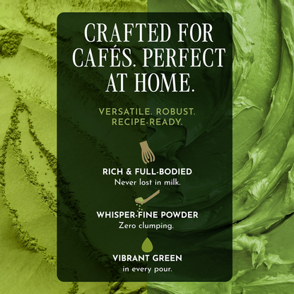 A green promotional graphic for a powdered coffee or tea mix. The center features a dark green rounded rectangle with white text reading 'CRAFTED FOR CAFÉS.