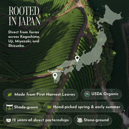 Promotional graphic for a green tea product with an aerial view of Japanese tea fields, a map of Japan highlighting regions, and text reading 'ROOTED IN JAPAN' plus feature callouts like USDA Organic, shade-grown, hand-picked, and 12 years of direct partnerships.