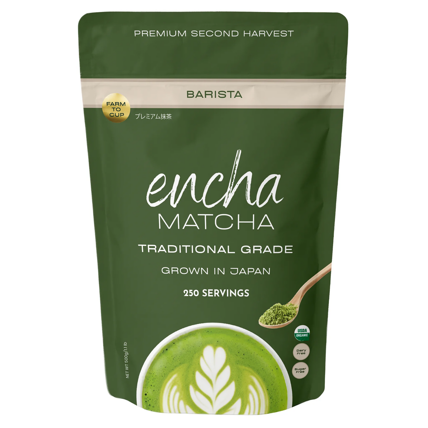 A stand-up pouch of Encha Matcha Traditional Grade matcha powder on a plain white background. The packaging is dark green with white text and a beige band near the top, featuring a spoonful of green matcha powder and a cup of matcha latte at the bottom. _500g (17.64oz) 250 cups