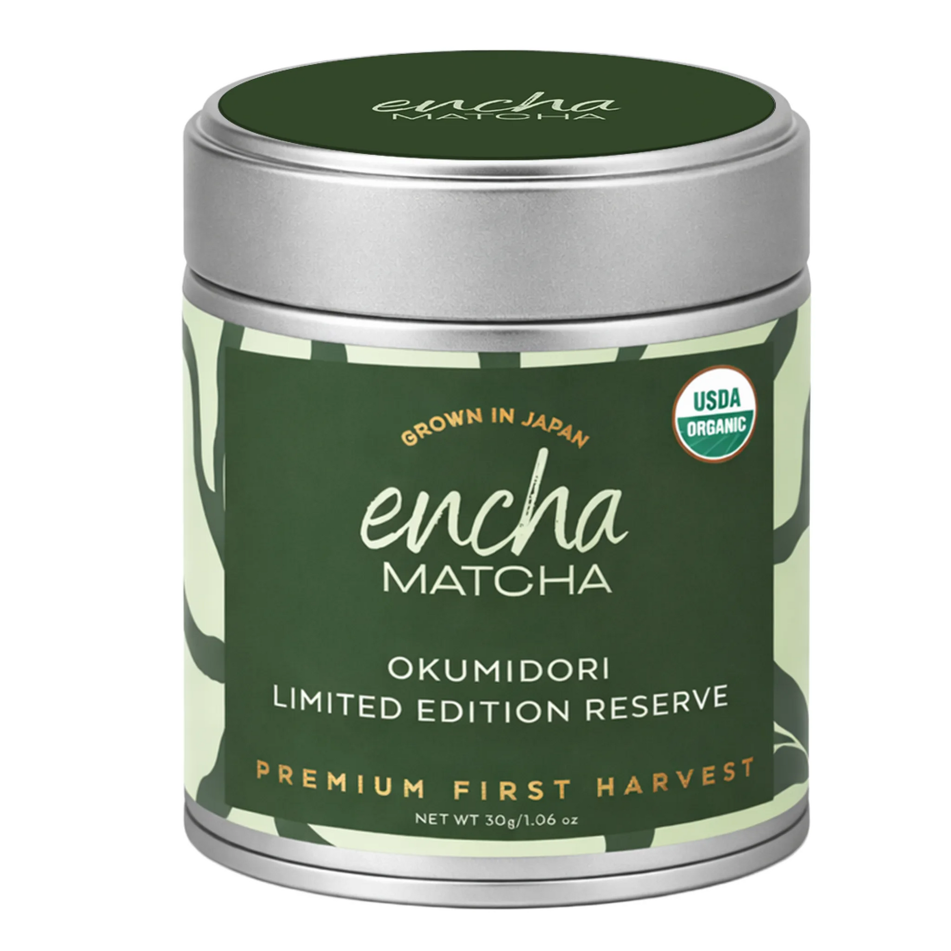 A cylindrical metal tin of Encha Matcha Okumidori Limited Edition Reserve, featuring a dark green label with white and gold text, a silver lid, and a USDA Organic seal on a white background.