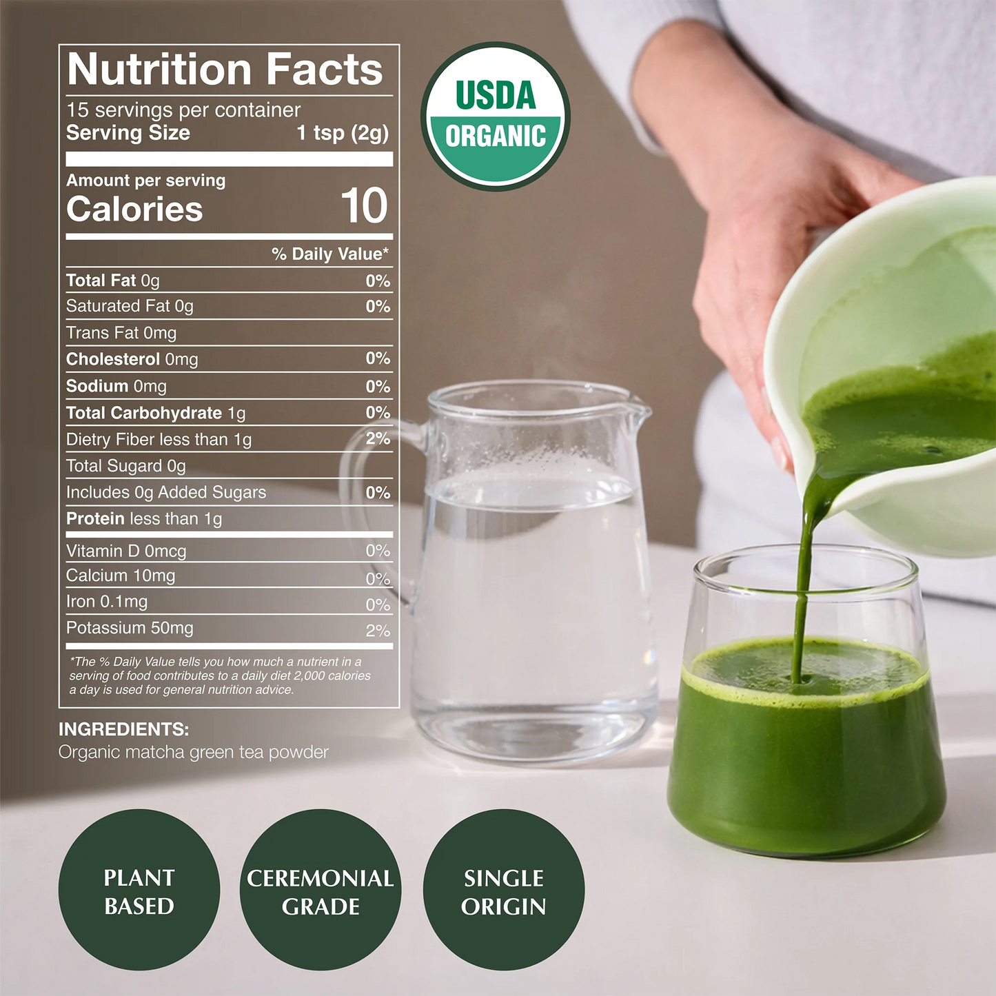 A person pours bright green matcha green tea powder from a white bowl into a glass, with another glass of water beside it. A large Nutrition Facts panel and USDA Organic badge are overlaid on the left, with text badges reading Plant Based, Ceremonial Grade, and Single Origin at the bottom.