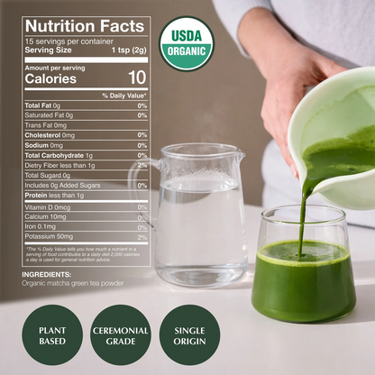 A person pours bright green matcha green tea powder from a white bowl into a glass, with another glass of water beside it. A large Nutrition Facts panel and USDA Organic badge are overlaid on the left, with text badges reading Plant Based, Ceremonial Grade, and Single Origin at the bottom.